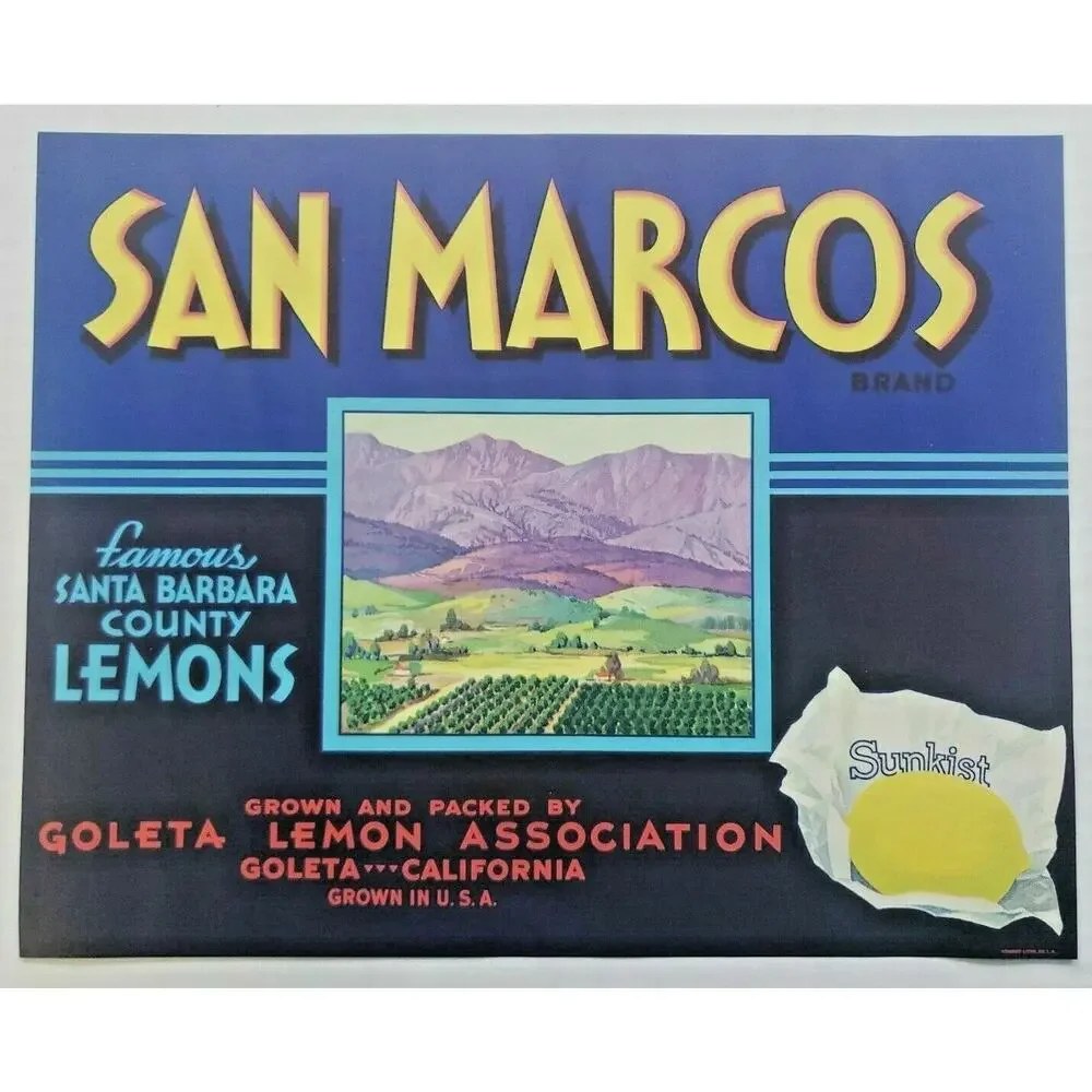 Vintage 1940's San Marcos Original Sunkist Lemon Crate‎ Label Goleta CA. USA